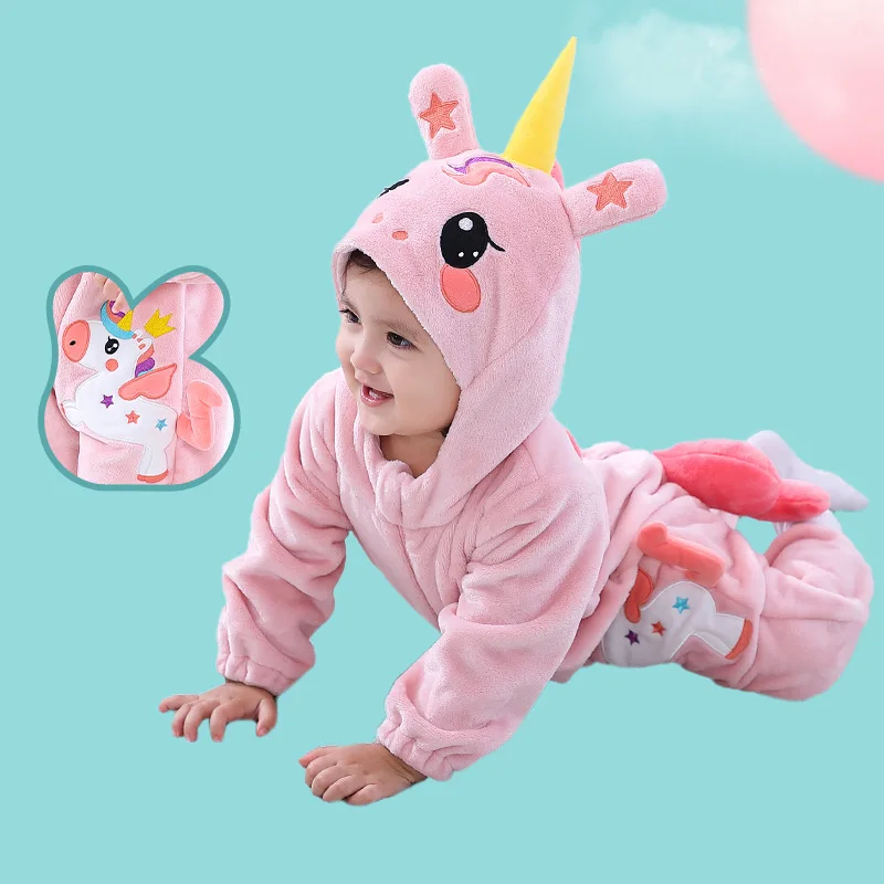 

2024 Winter Lovely Baby Girls Clothes Boys Romper Unicorn Infant Onesie Bodysuit Cosplay Costume Hooded Zipper Jumpsuits Pajamas