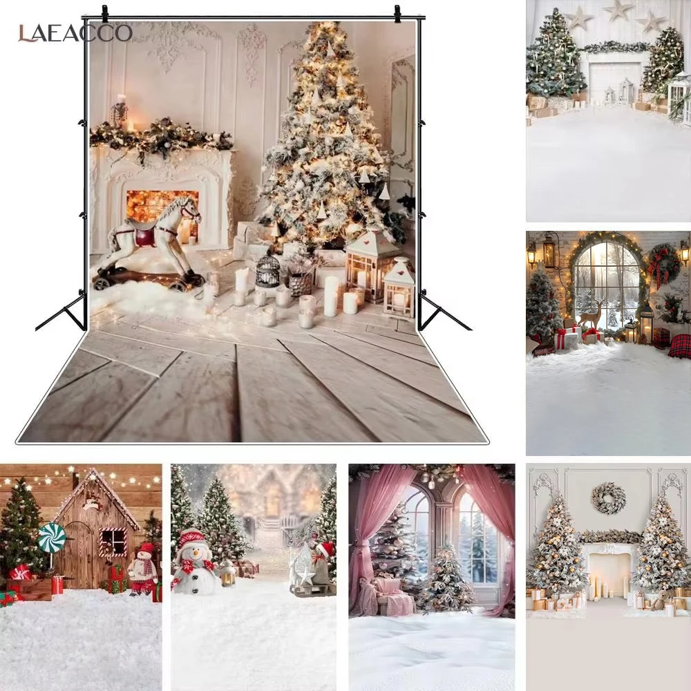 Winter Christmas Tree Gray Background Candle Festival Fireplace Wood Floor Xmas Family Shoot Kid Photo Backdrop for Photography