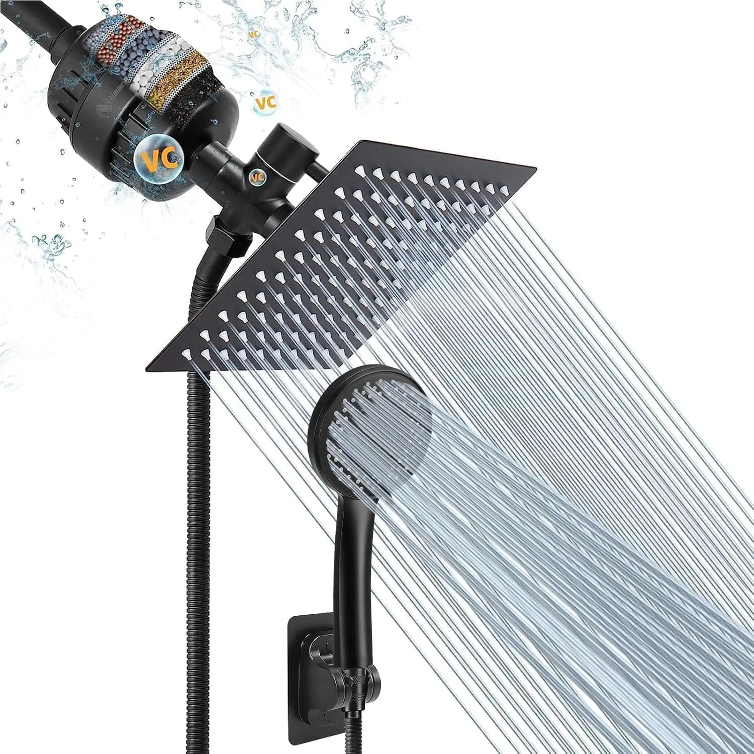 High Pressure Square Rain Shower Head with 5 Settings, Handheld Filter Combo and Hose - Matte Black