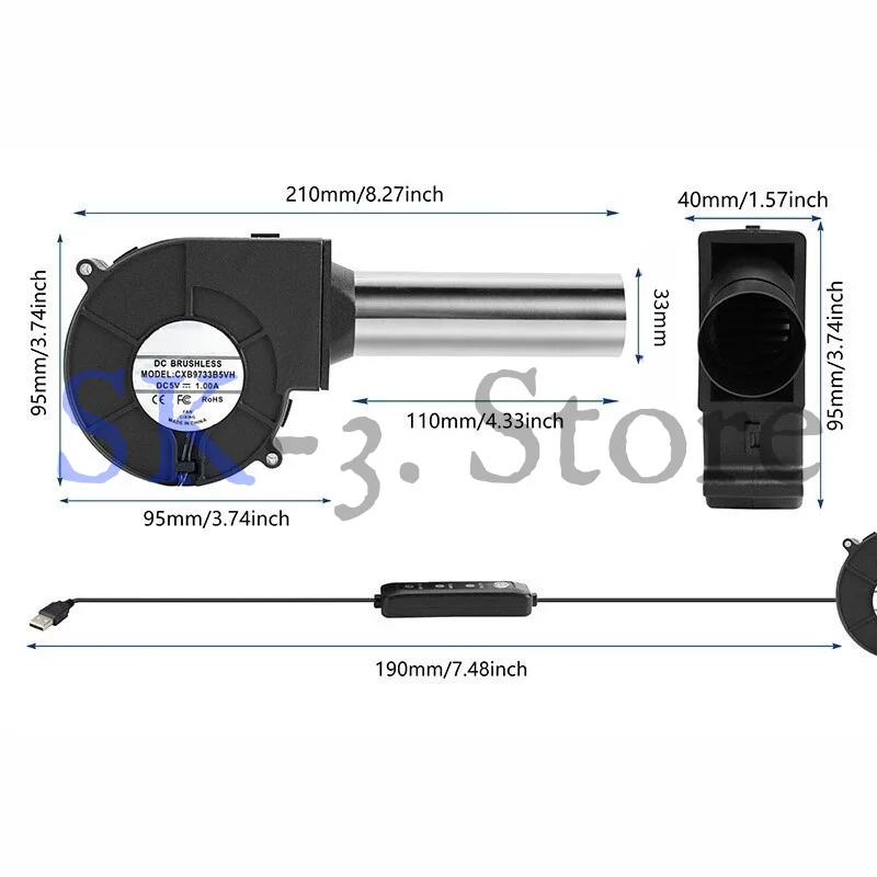 Portable 9cm 5V USB blower large air volume BBQ fan for barbecue stove cooking firewood stove outdoor picnic fast fire stove