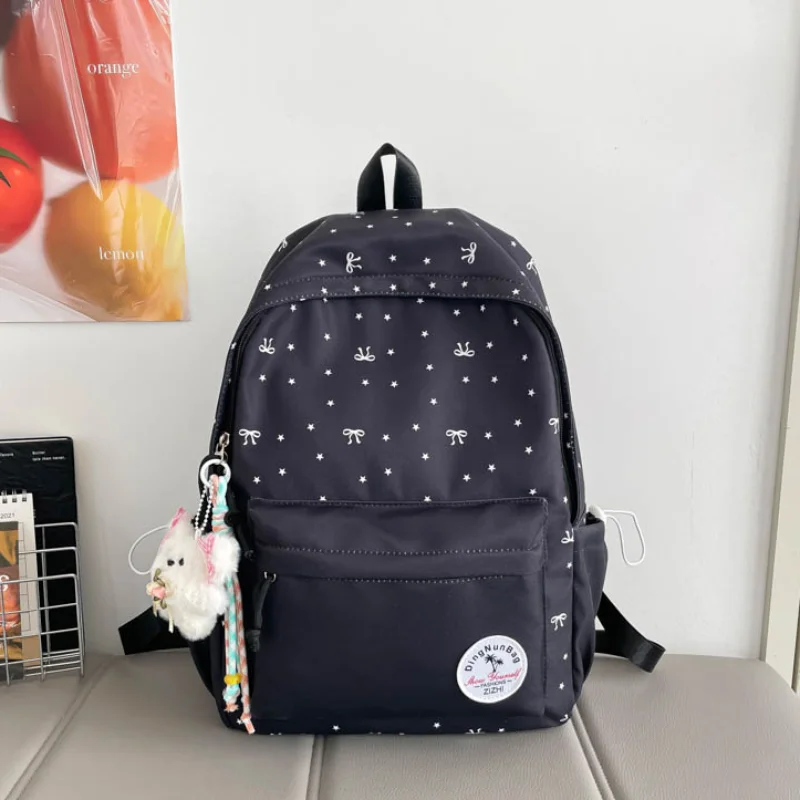 Cute Star Bow Pattern Backpack Lightweight Oxford School Bag Large Capacity Travel Bag Casual Student Backpack With Pendant