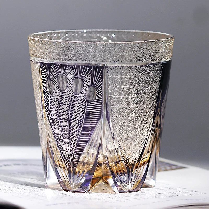 New Arrival Lead Free Purple Color Krystal Glass Handmade Peacock Edo Kiriko Glass Whisky Drinking Glass Cup with Box 11oz