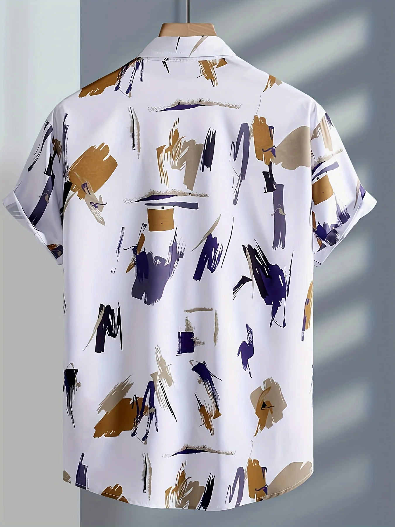 Men Abstract Purple Brown Brush Stroke Geometric Print Short Sleeve Turn-down Collar Shirt Summer Casual Button Down Street Top