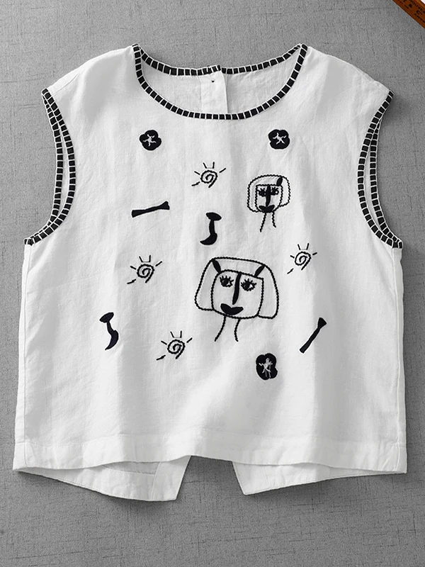 

Handmade Embroidered Cotton Linen Loose round Neck Vest for Women plus Size Comfortable Breathable Sleeveless Summer Top