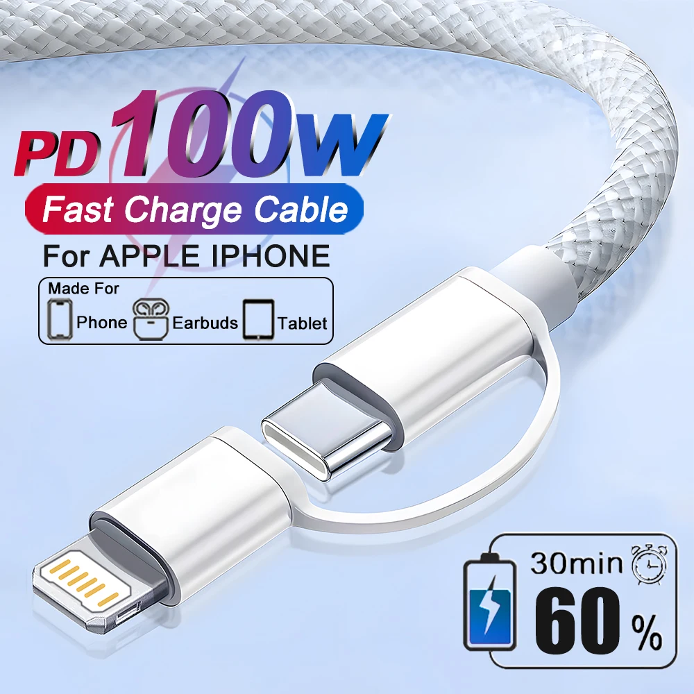 

2IN1 100 Вт плетеный USB-кабель для быстрой зарядки для Apple iPhone 17 Air 14 13 12 11 15 16 Pro Max Plus Тип C кабель для передачи данных для телефона