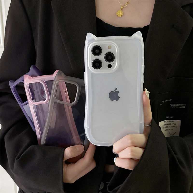 Japan Cute 3D Cat Ear Case For iPhone 16 15 14 13 12 11 Pro Max Plus Girl Cartoon Clear Shockproof Anti-fall Soft Silicone Cover - náhled 4