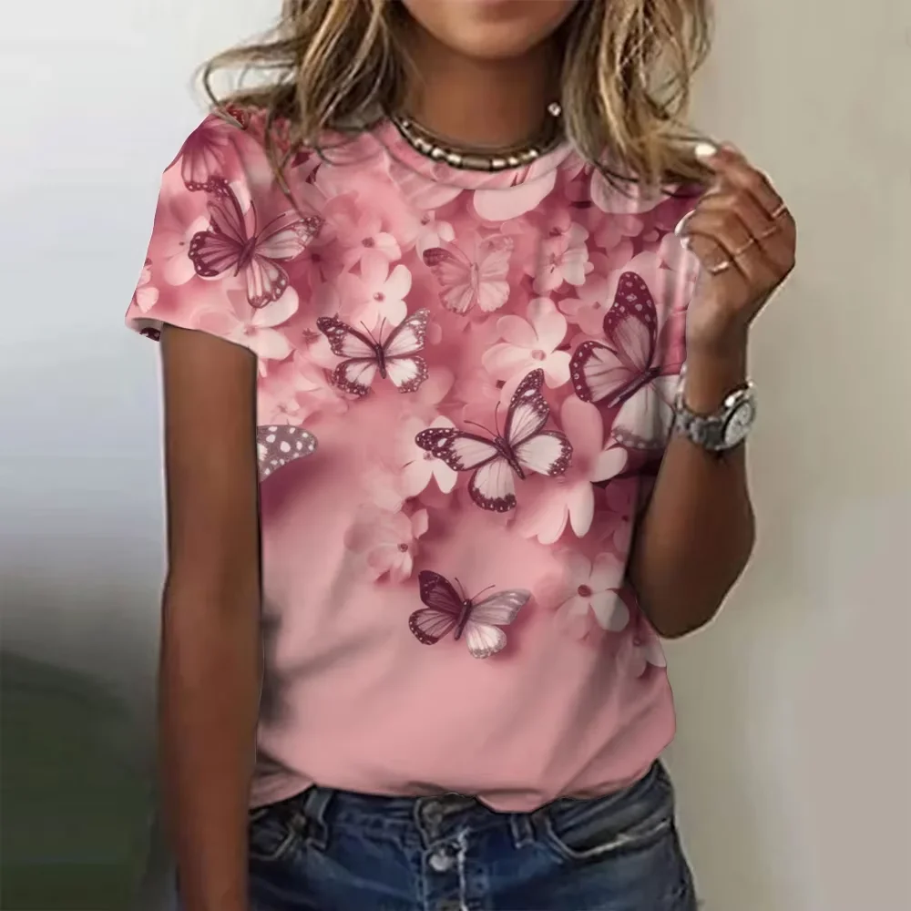New Butterfly Floral Flower 3D Print T-Shirt Women O-Neck Short Sleeve T Shirt Y2k Harajuku Oversized Tees Tops Female Clothing