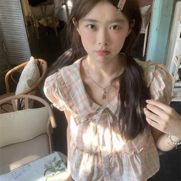 Women's Pastel Plaid Collar Blouse, Short Puff Sleeve Babydoll Top with Bow & Ruffle Trim, Casual Sweet Summer Shirt
