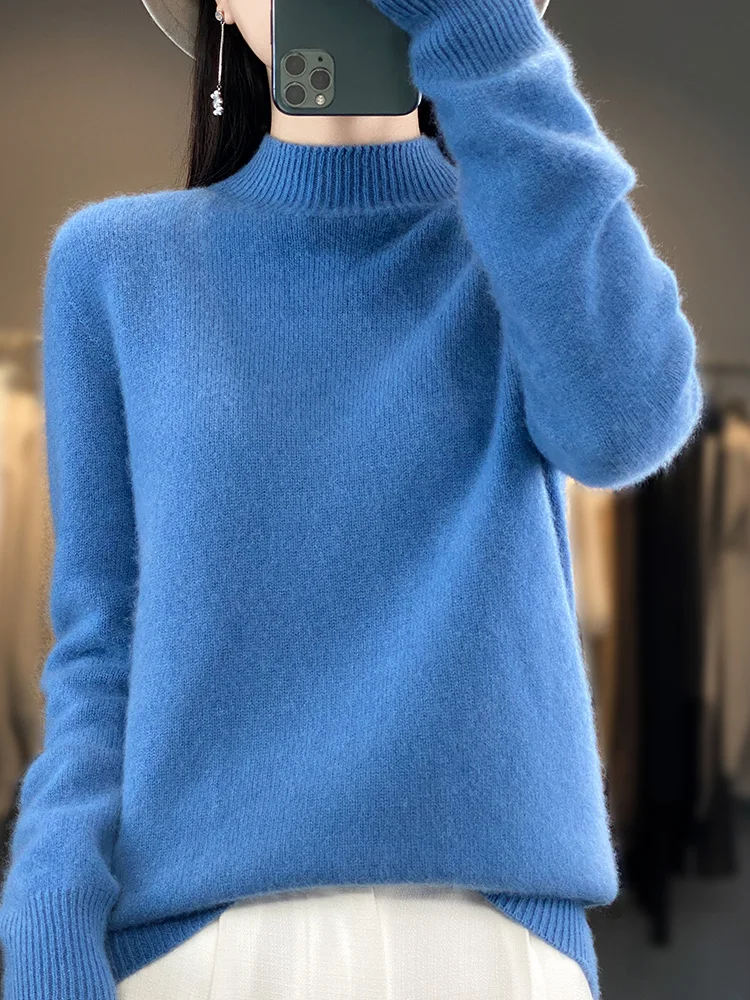 Soft Knit Mid Collar Long Sleeve Top Women Slim Fit Daily Base Shirt Neutral Tone Light Knit Layering Piece Autumn Winter
