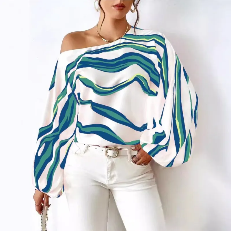 

Sexy Off Shoulder Striped Print Shirt Blouse For Women Fashion Lantern Sleeve Loose Casual Shirts Tops Femme Autumn commute Tops