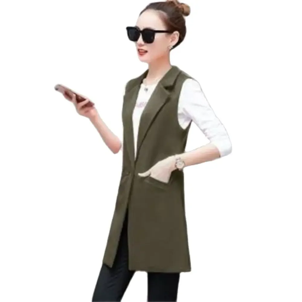 

Pop Sleeveless Blazer Casual Solid Vest Waistcoat Women Temperament Lapel Long Suit Gilet Female Jacket Coat Pockets Spring OL T