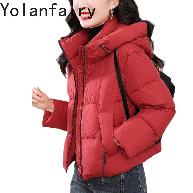 

YOLANFAIRY Новые короткие красные пуховики для женщин, зимняя модная куртка с капюшоном, свободная куртка-пуховик с 90% белым утиным пухом, женская одежда
