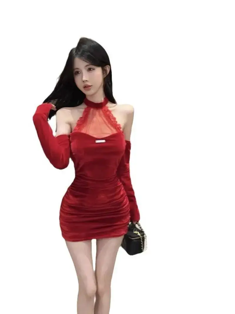 Mesh Sweet Mini Dress Lace Sheer Pure Desire Hanging Neck Mesh Lace Pleated Off Shoulder Spicy Girl Sexy Slim Dress Elegant Z1K5