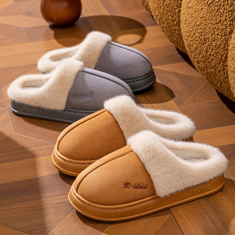Winter Warm Slippers Women Men Suede Plush Fleece Lined House Shoes Soft Thick Platform Non-Slip Indoor Home Bedroom Fuzzy Mules
