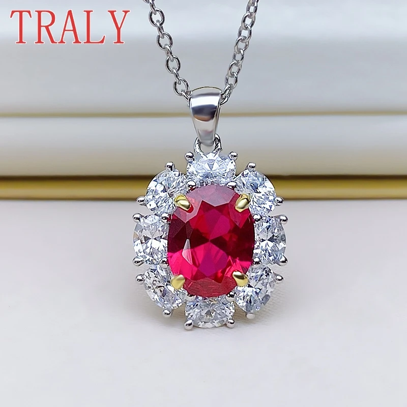 

925 Sterling Silver Ruby Necklace for Women Inlay 3ct Oval Cut Red Gemstone White Gold Pendant 40+5cm Luxury Jewelry Party Gifts