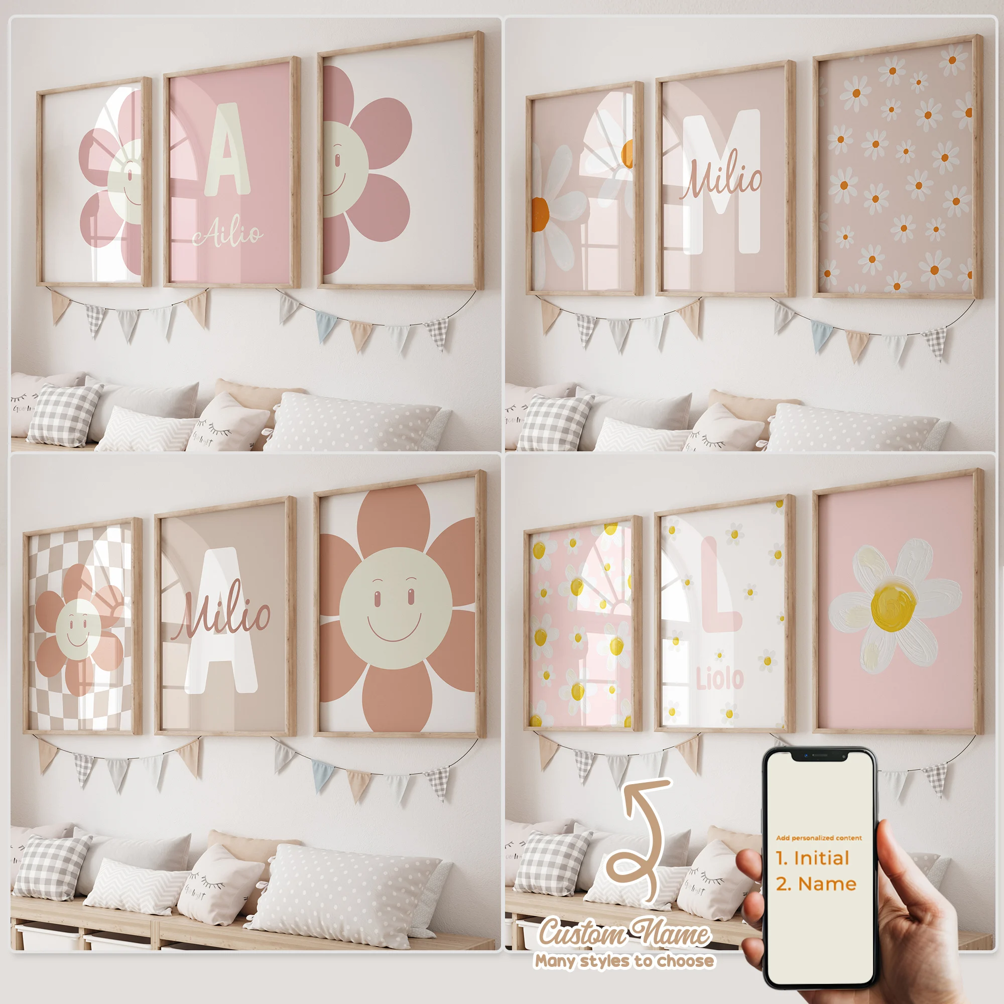 3 Stück personalisierte benutzerdefinierte Cartoon-Wandkunstdrucke mit Namen, rosa Gänseblümchen, Leinwandposter, Gemälde für Wohnzimmer, Kinderzimmer, Heimdekoration