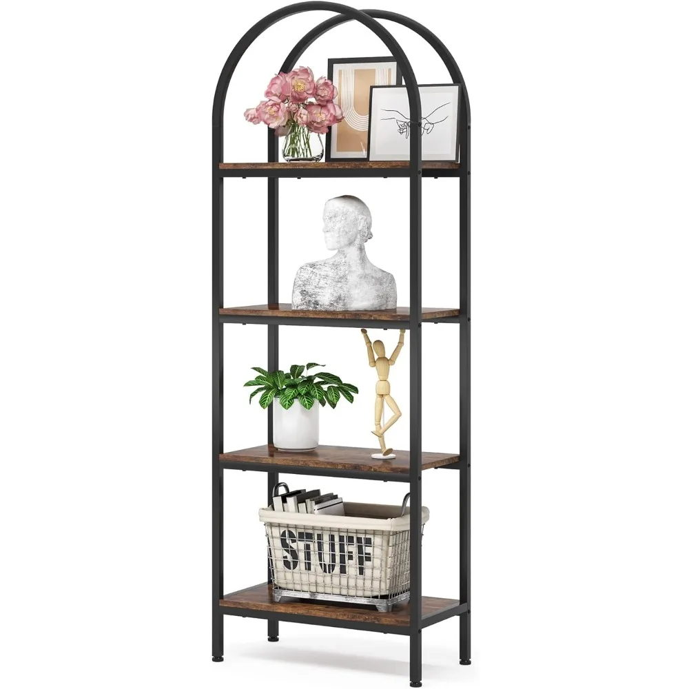 4-Tier Arched Bookshelf, Tall Open Bookcase Storage Shelves, Wood Metal Freestanding Display Rack Tall Shelving Unit for Home O