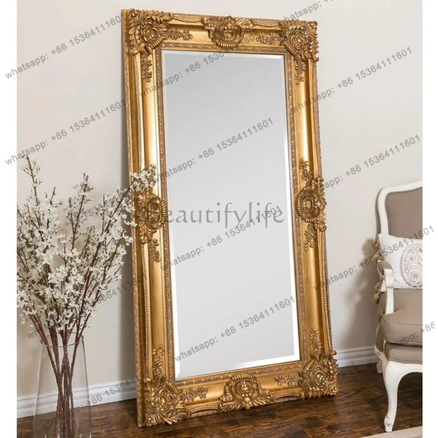 

European full-body full-length mirror wooden frame luxury retro carved floor mirror home