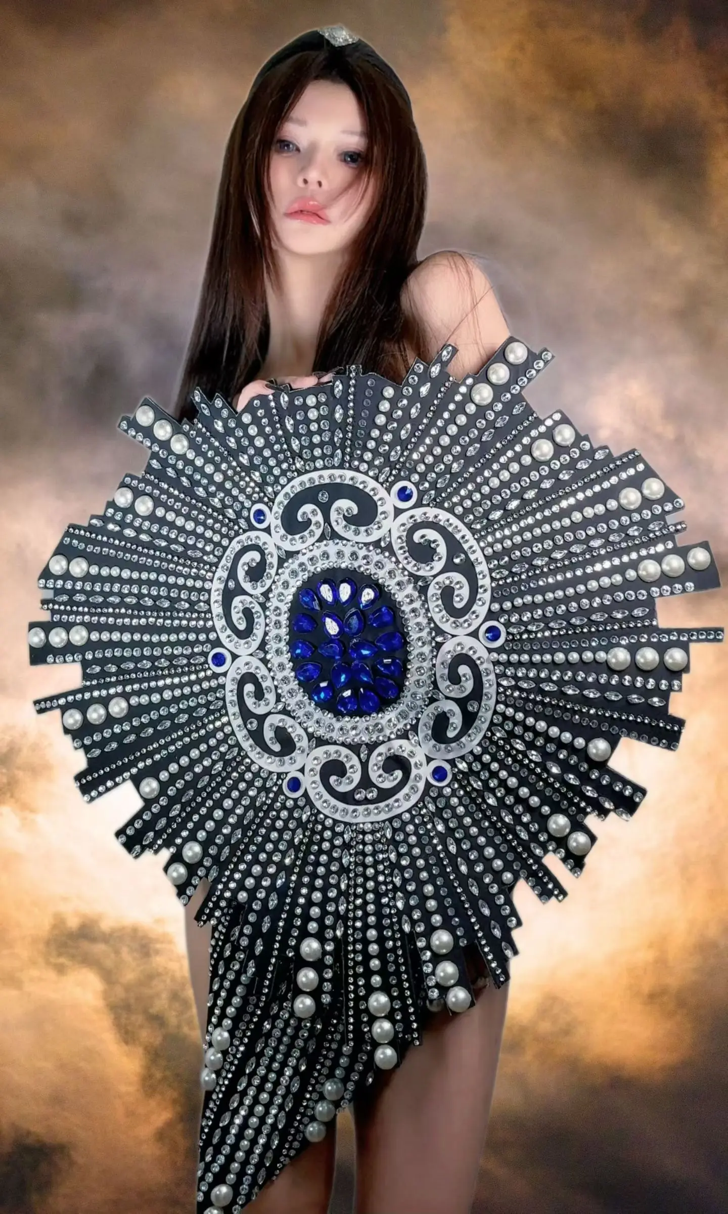Feichuan Fashion Women's Prom Gowns Pearl Diamond Spacecraft Strap Dress Stage Performance Dress Role Playing Theme Party Dress