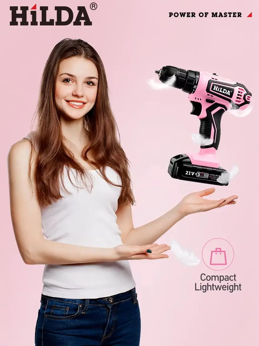 HILDA Akku-Bohrschrauber, tragbar, Pink, 21V, wiederaufladbarer Akku, Elektroschrauber, Haushalts-DIY-Werkzeug mit Werkzeugtasche, als Geschenk für Damen