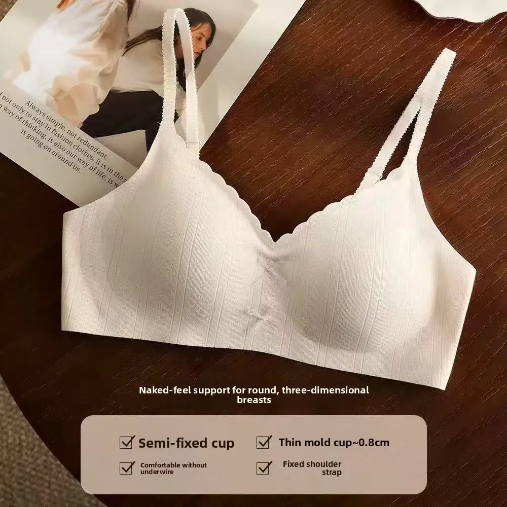Naked-feel Lady Brassiere Striped Lingerie Girl Bra Small Chest Gathering Look Bigger Wireless Sweet Thin Style Bow Womans' Bra