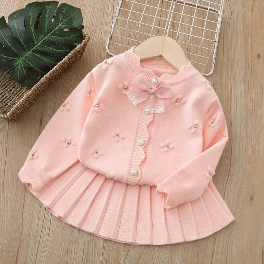 Bear Leader 2025 Autumn and Winter Solid Color Sweet Girl Clothing Children's Set Bow Long Sleeved Knitted Sweater+Pleated Skirt