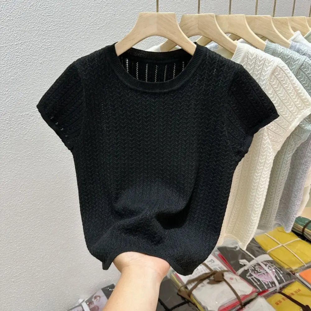 Elegant Twisted Stitch Knitted T Shirt Hollow Slim Fit Short Sleeves Shirt Ice Silk Crop Top