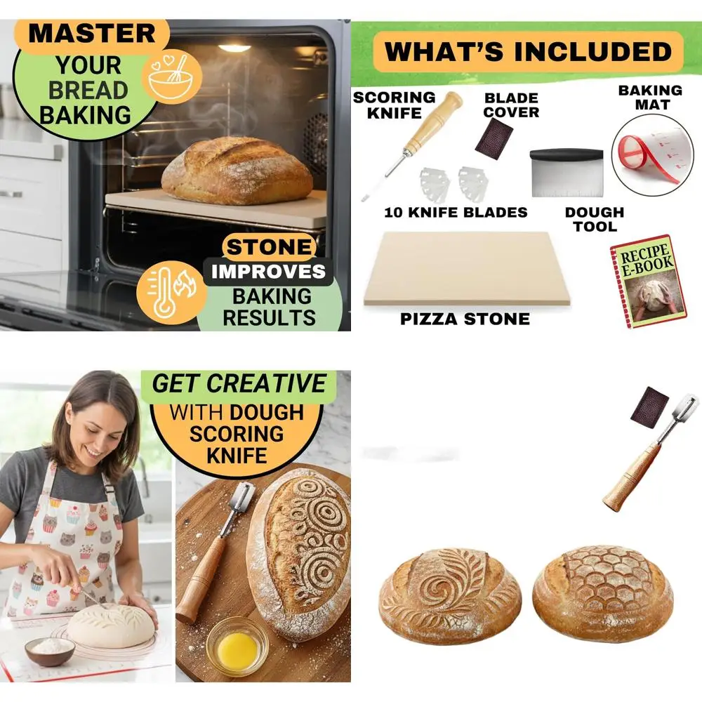 

Large Rectangular Baking Stone for Bread, 20x13.5, with Stainless Steel Dough Tool, Bread Knife for Scoring, and 22 Baking Mat S