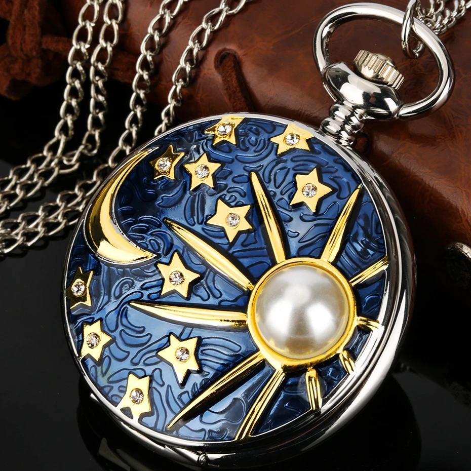 Collar de cuarzo con incrustaciones de perlas para hombres y mujeres, escultura en relieve, estrellas azules marinas y Luna, reloj de bolsillo plateado, cadena colgante, regalos