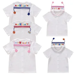 Children's Shirts Cartoon Bear Flower Pendant Navy Neck Short Sleeve Shirt Overlay Blouses 2023 Korean Kids Tops Baby Boy Shirt