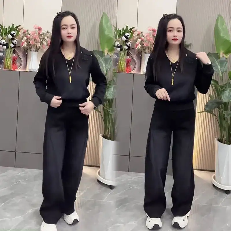 Fashionable Casual Cotton-Like Twill Set Long Sleeve Wide Leg Pants Two-Piece Spring Autumn Wear Women's Leisure Gradient Col...