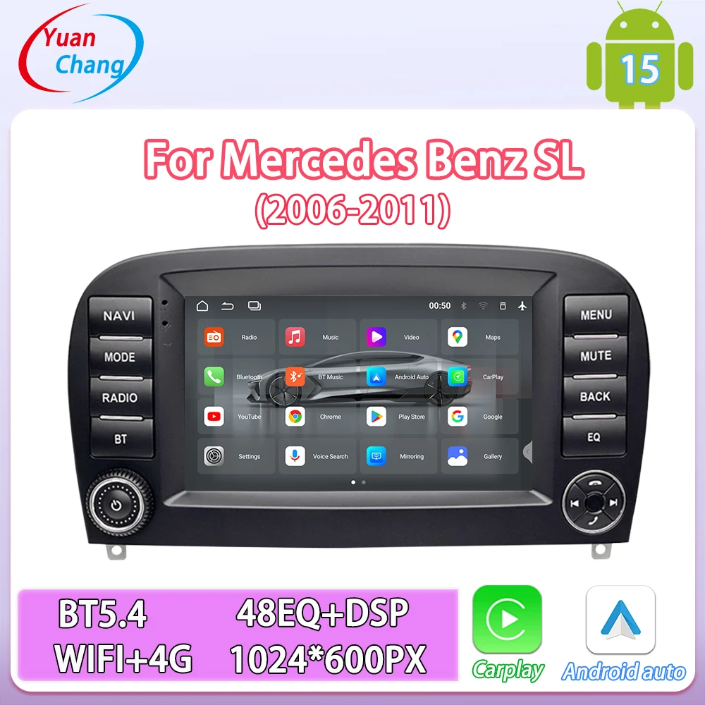 

YuanChang Подходит для Mercedes Benz SL 2006-2011, 7-дюймовый мультимедийный автомобильный плеер Android 15 с беспроводным CarPlay, Auto, Bluetooth, GPS