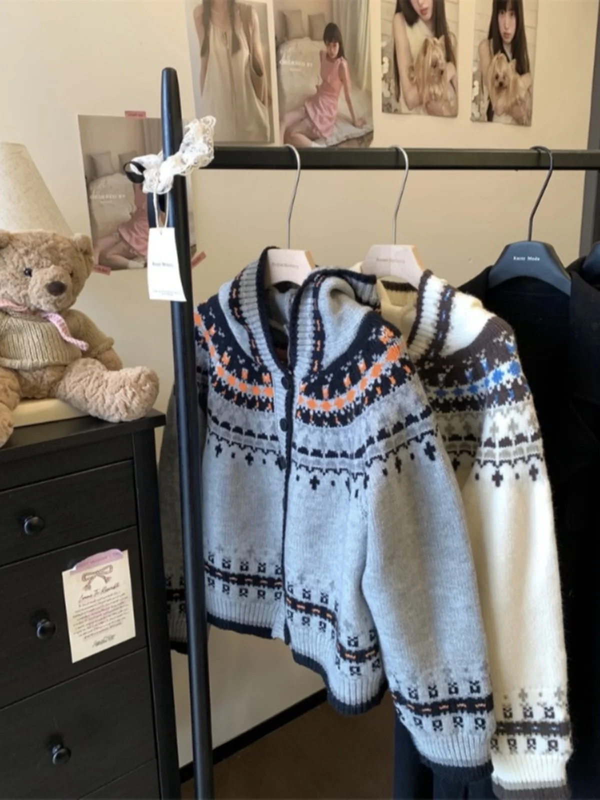 Cardigan lavorato a maglia con cappuccio color sangue retrò Fair Isle donna inverno maglione sciolto morbido e sfocato per college Jaet per taglie forti