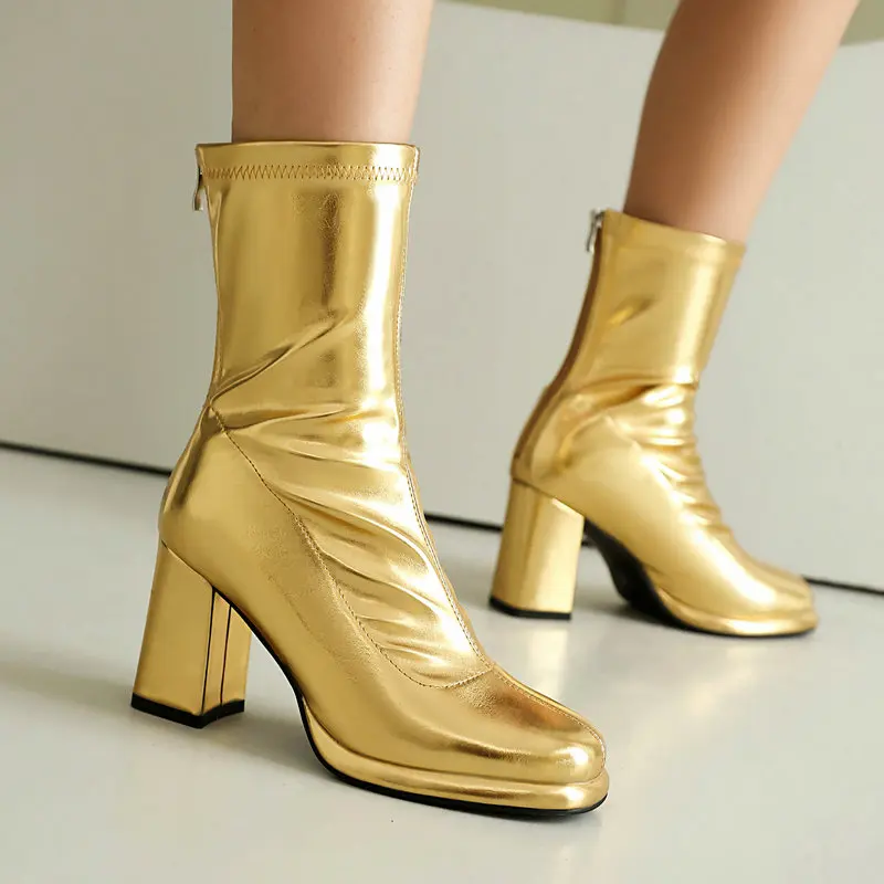 

Блестящие золотые эластичные ботильоны размера плюс 47, 48, для женщин, блочные высокие каблуки с молнией сзади, серебряная женская зимняя обувь в готическом стиле