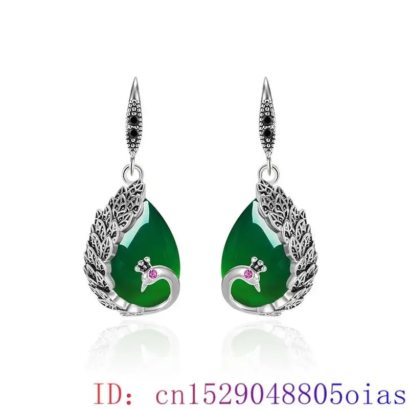 Green Real Jade Peacock Earrings Gift Energy Vintage Luxury 925 Silver Talismans Stone Natural Jewelry Designer Women