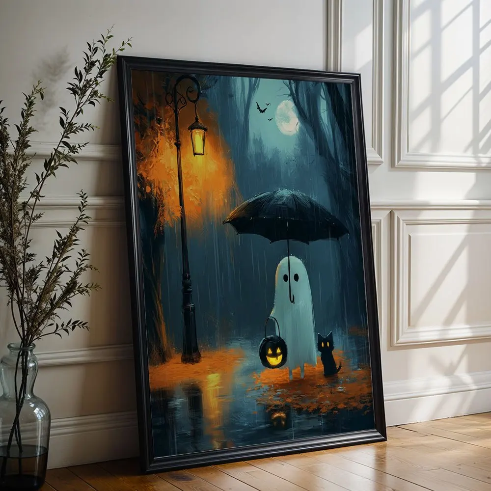Vintage Ghost With Umbrella Canvas Print, Black Cat Pumpkin Lantern Forest Halloween Oil Painting