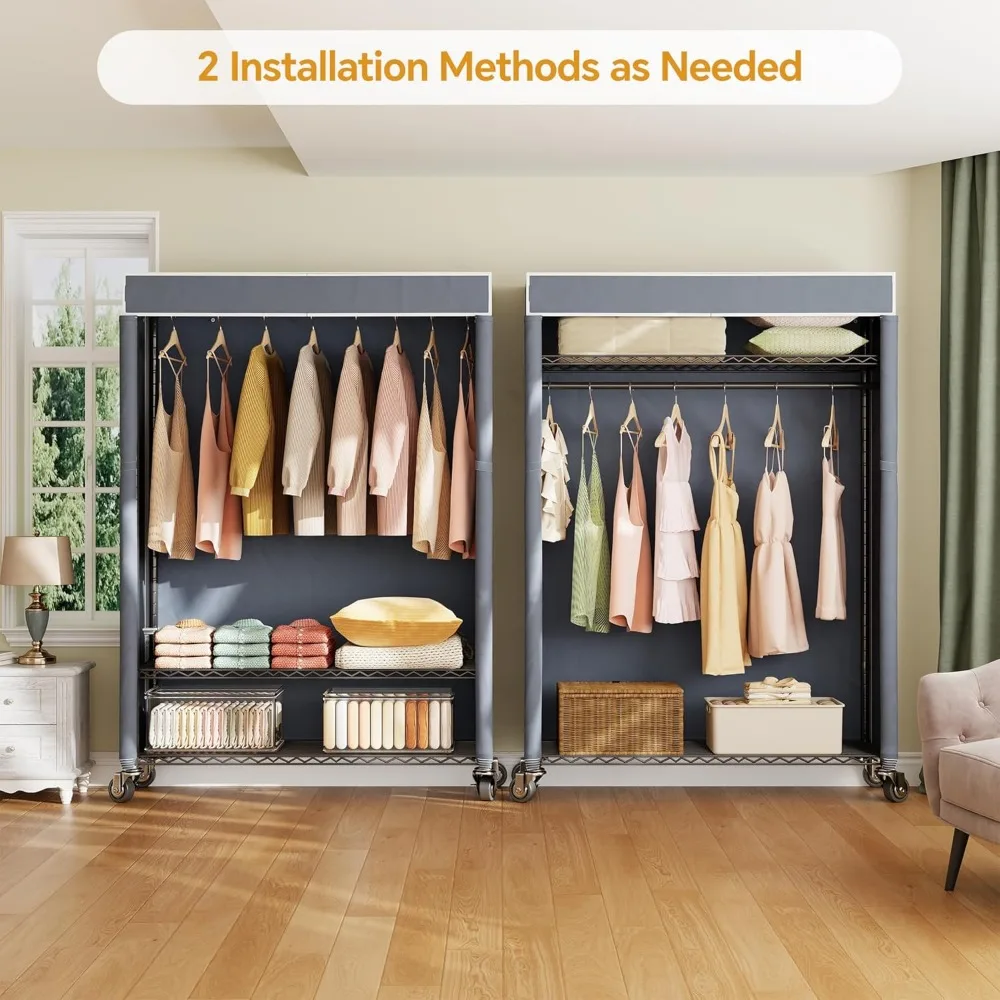 H4 Plus Rolling Clothes Rack with Cover, Heavy Duty Garment Rack, Wardrobe Closet with Wheels, Portable Closets for Hanging Clot