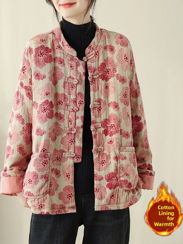 新しい中国風スレ花柄コットンジャケット女性のティエンエドレトロボタンスタンドカラーコットンアウターウェア冬ファッショナブルなコート