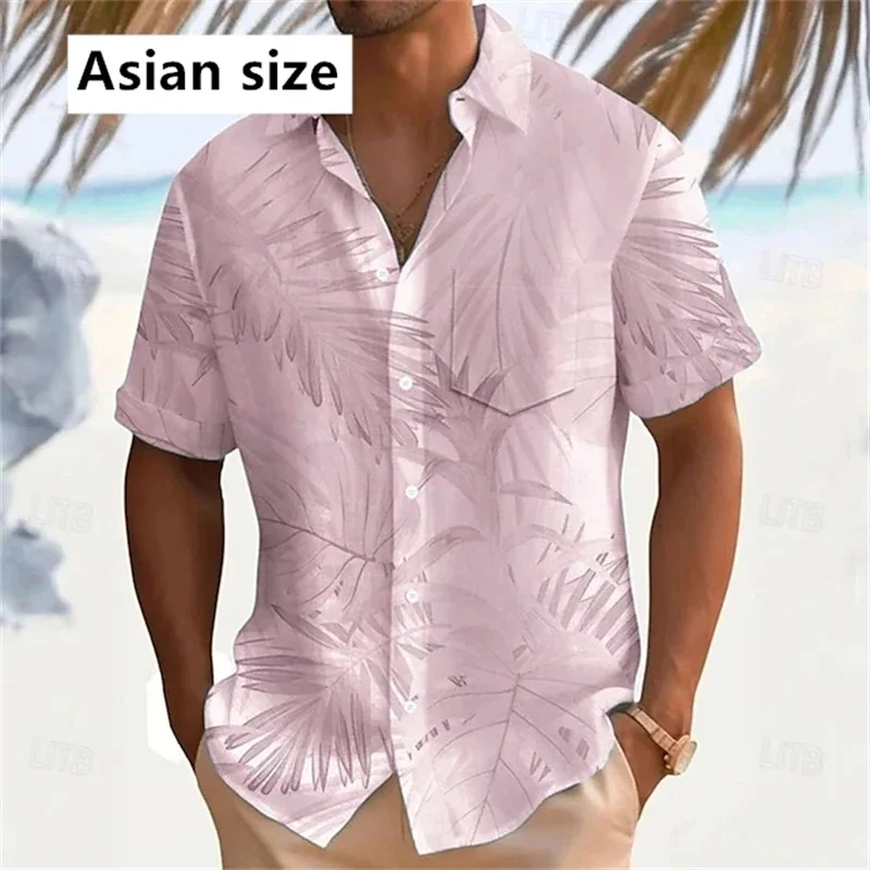 

Summer 2025 Men's Hawaiian Shirt 3D Printed Palm Leaf Lapel Unisex Fashion Short Sleeve Shirt Simple Pop Button Top