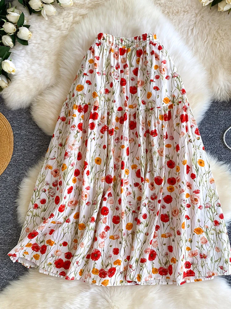 Spring Summer Floral A-line Pleated Printed Skirt for Women New Sweet Fashionable Elastic Waist Vacation Beach Commuting Skirt
