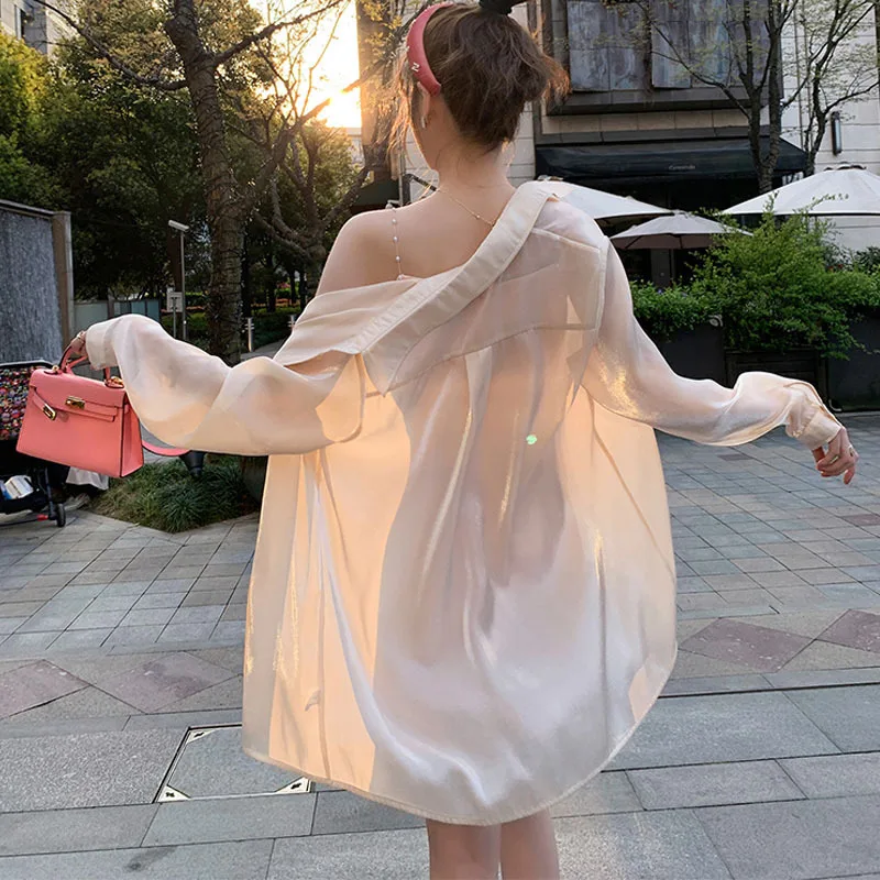 

Женская летняя тонкая дышащая рубашка с защитой от солнца, средней длины, свободного кроя, прикрывающая бедра, в стиле lazy style, с длинными рукавами, рубашка-куртка.