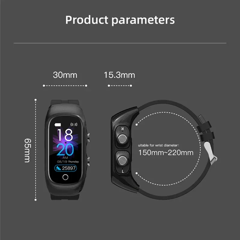 N8หูฟังไร้สายบลูทูธSmart WatchสุขภาพTracker Pedometerสร้อยข้อมือฟิตเนสสมาร์ทสายรัดข้อมือTWSชุดหูฟังบลูทูธ