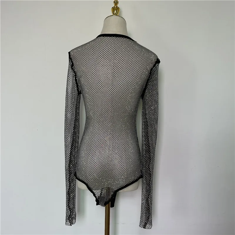 Women 2023 Summer Hollow Out Sexy Crystal Diamond Bodysuit Long Sleeves Fishnet Body Top Backless See Through Bodysuits