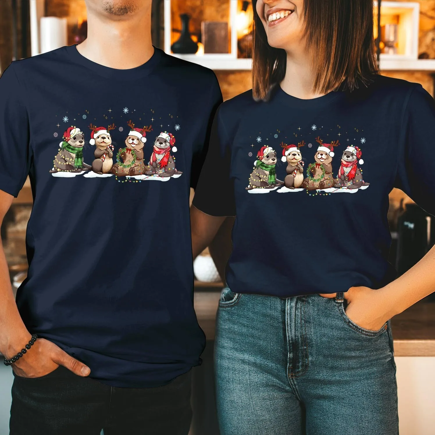 Merry Christmas Otters T-Shirt Otter Lover Sea Animal Xmas Holiday Cotton Retro Street Fashion Tee Short Sleeve O-neck Design