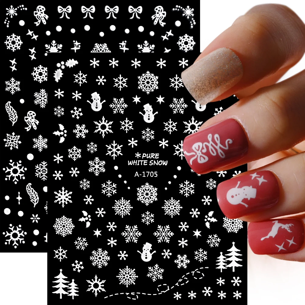 1Pc White Snowflakes Nail Sticker 3D Christmas Elk Snowman Adhesive Sliders Winter Snowflake Decals Xmas Manicure Decoration