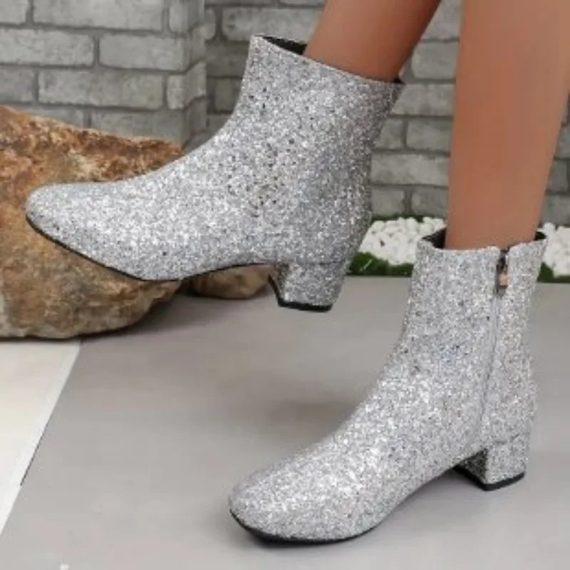 Boots Women's Christmas Glitter Side Zipper Chunky Heel Ankle Boot High Heel Shoes