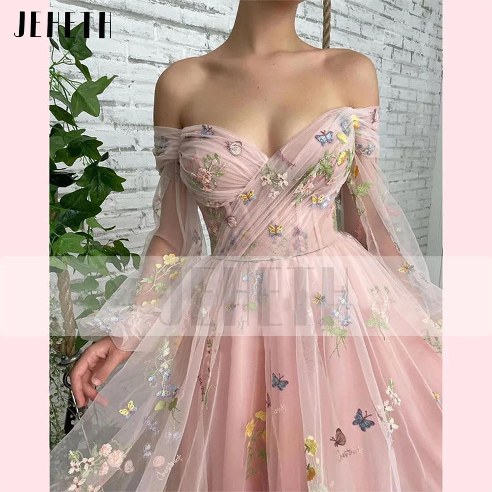 JEHETH Elegant Flower Pink Prom Dress Charming A-line Pageant Sweetheart Illusion Long Sleeve Off Shoulder Evening Gowns Women