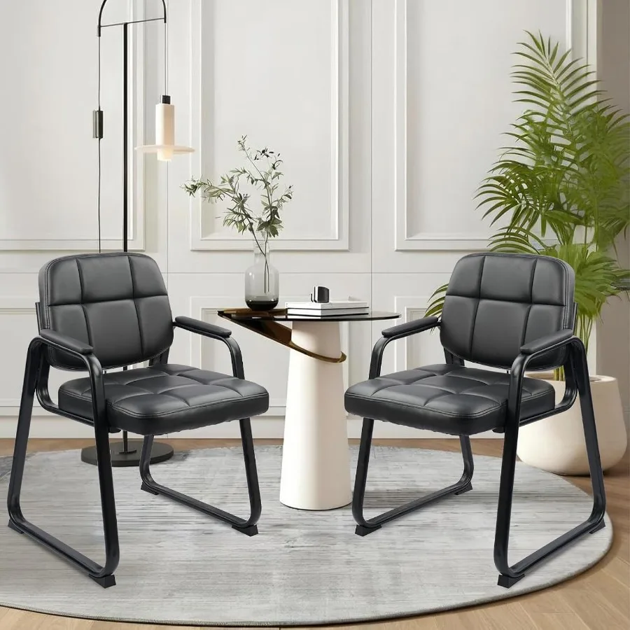 Waiting Room Guest Chair with Bonded Leather Padded Arm Rest for Office Reception and Conference Desk Black with Sled Base