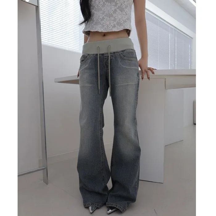 Slimming High Waist Cuffed Jeans Women's Micro Flared Denim Casual Style Distressed Blue Cotton High Elasticity Four Seasons