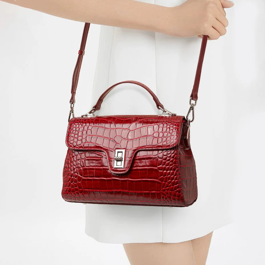 Aidrani Genuine Leather Crocodile Pattern Women's Handbag, Red, Large Capacity, Shoulder & Crossbody Bag, Wedding Bag & Mom Bag